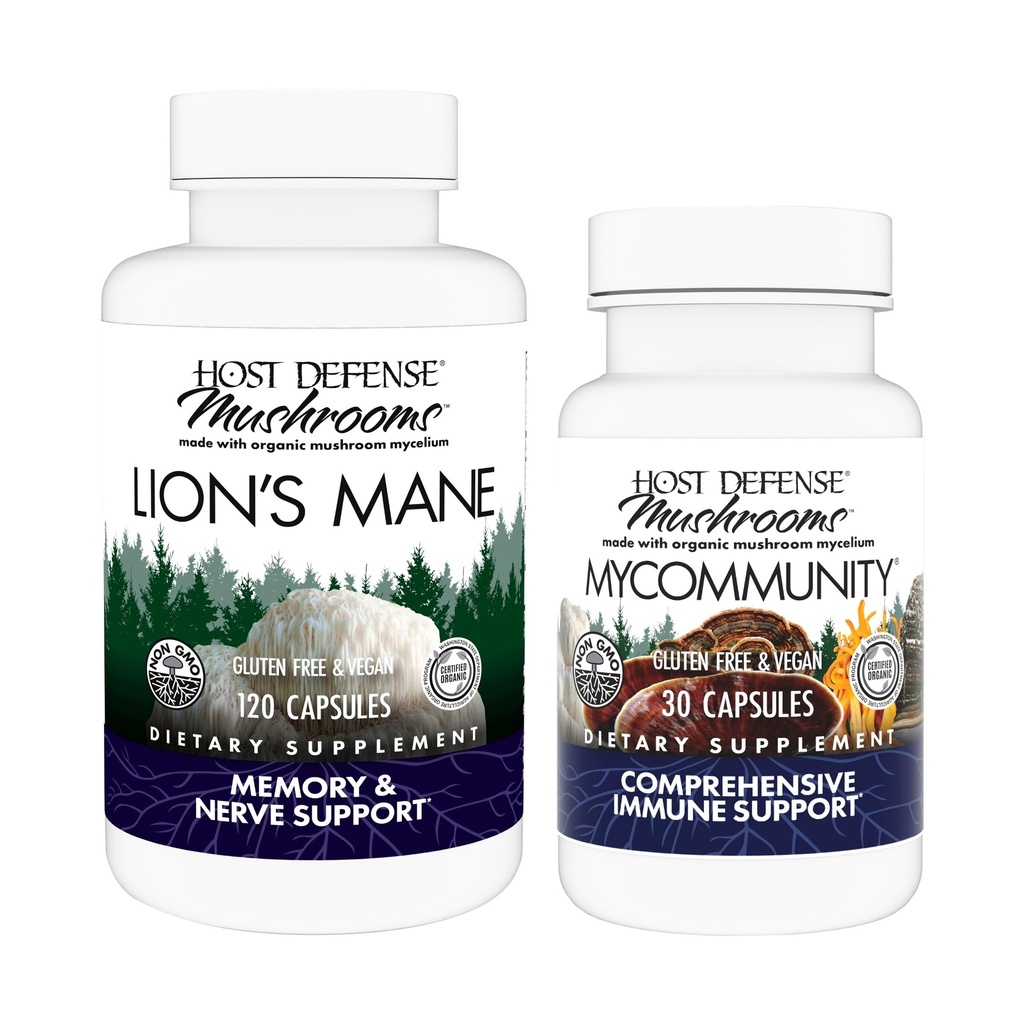 Host Defense Sche with Lion's Mane Capsules, 120 Count & MyCommunity Capsules, 30 Count - Support Brain Health, Memory & Focus - Support Immune Health with 17 Tür Mushroom Mix*