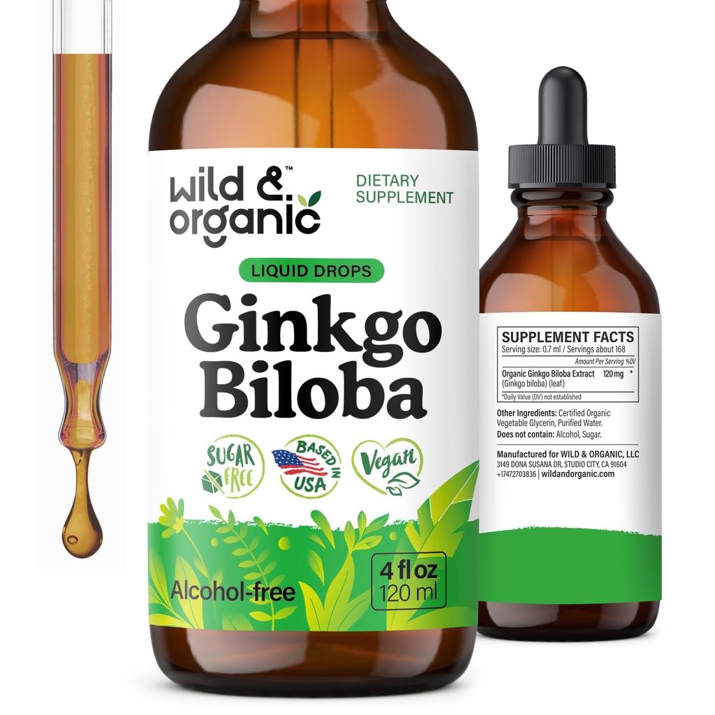 Vahşi & Organik Ginkgo Biloba Ekstralar - Beyin ve Oda Destek - Sıvı Ginkgo Biloba Supplements - Vegan, Sugar & Alkol-Free Herbal Tincture - 4 fl ozz