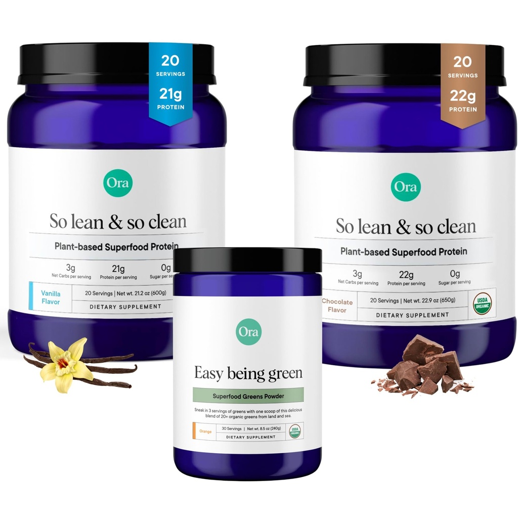 Ora Organik Vegan Protein Toz Çikolatası, Vanila & Greens Toz Paketi: 22g Plantive, Chocolate, 20 Hizmet + 21g Plant Temel, Vanilla, 20 Hizmet + Organik Süper Yeşiller İçilir, 30 Hizmetler