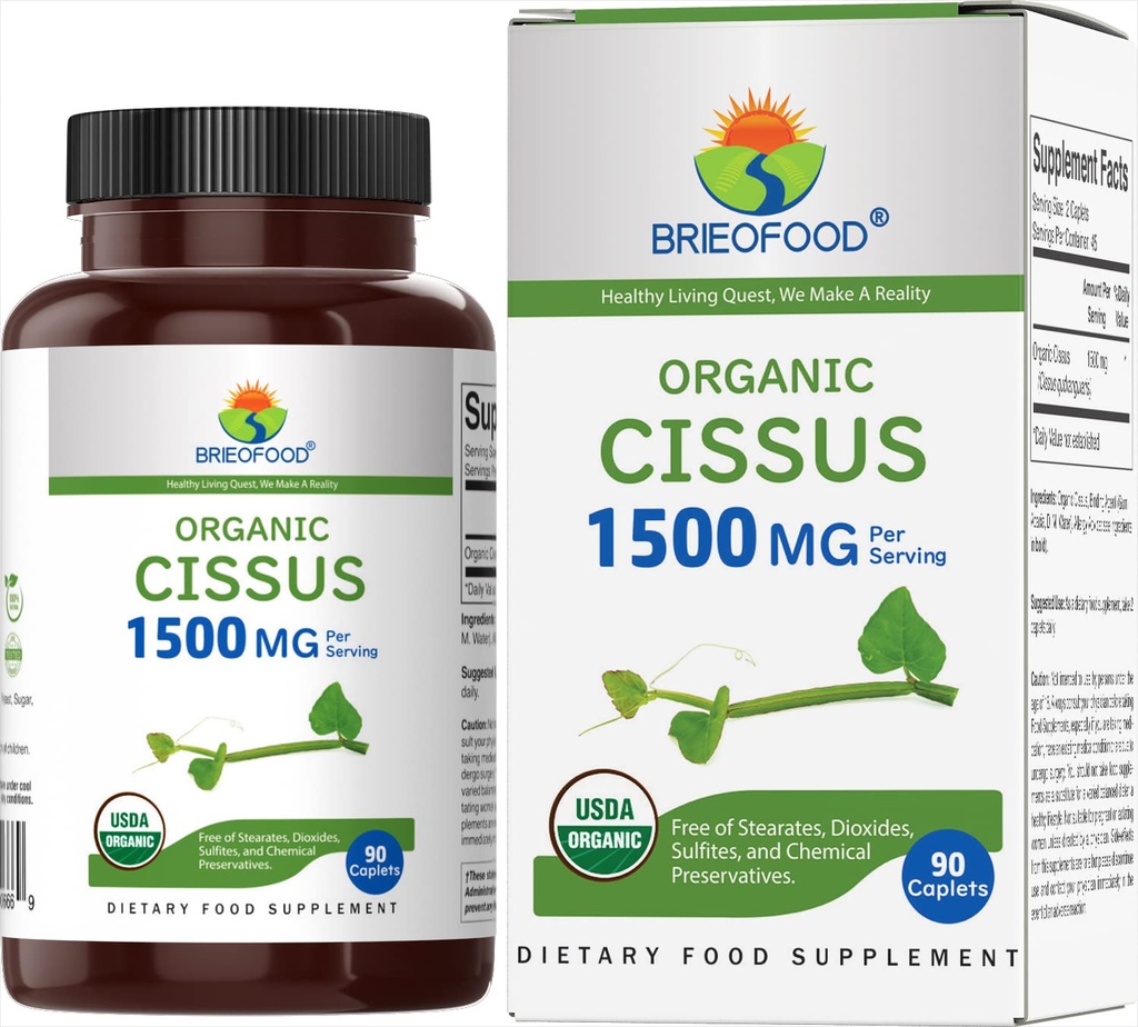 Brieofood Organic Cissus Quadularis 1500 mg, 45 Hizmet, Vegetarian, Gluten Free, 90 Vegetarian Tablets