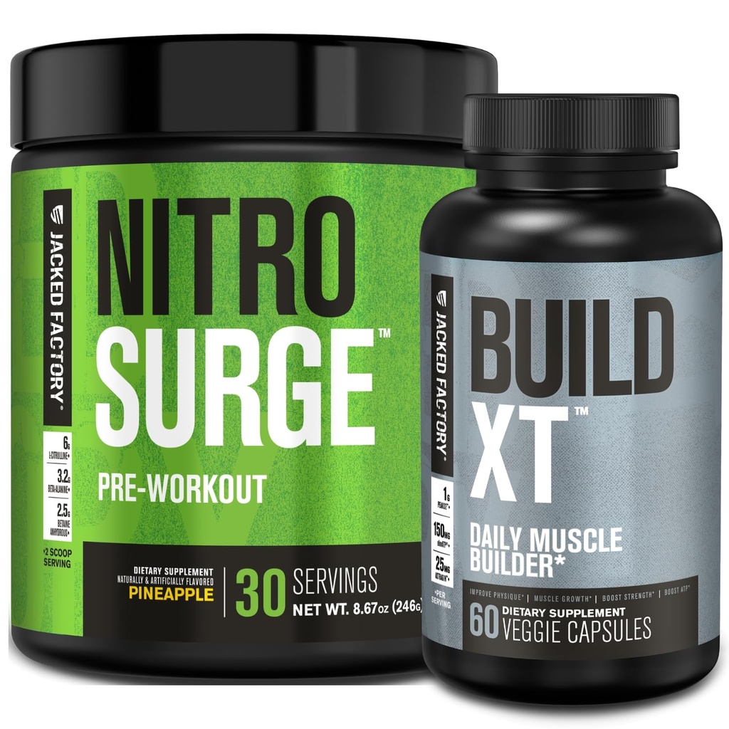 Jacked Factory Nitrosurge Pre-Workout in Pineapple & Build XT Muscle Building Sche for Men & Women
