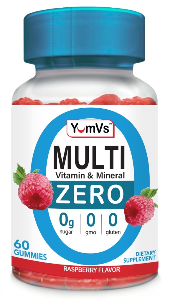 YUM-V'S Multivitamin Zero Gummies Tarafından YumVs | Kadınlar ve Erkekler için Şekersiz Vitaminler Tamam | Kromium, Thiamine ve Magnezyum | Doğal Raspberry Flavor Chewables - 60 Count