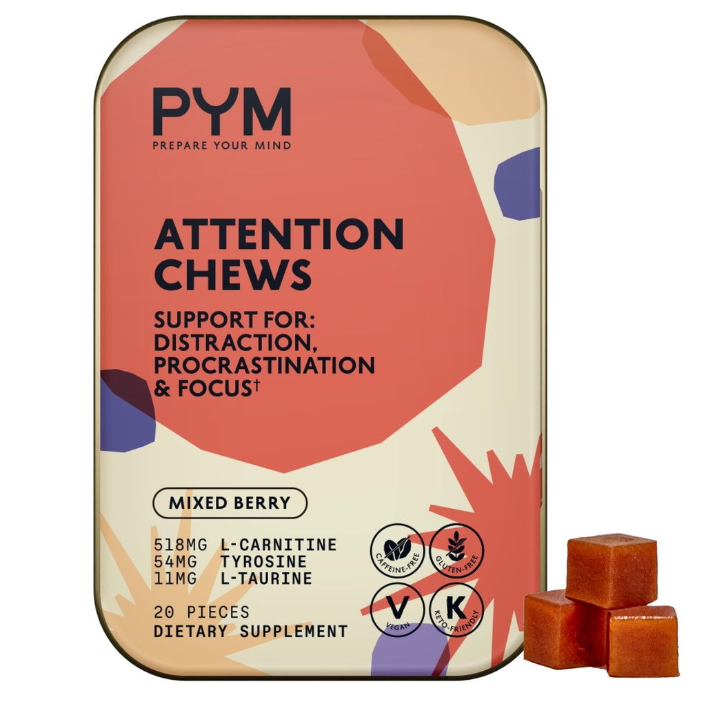 PYM Dikkat Chews Procrastinasyon, Focus & Verimlilik, 20 Kont | 518 mg L-Carnitine, 54 mg Tyrosine, 11 mg L-Taurine, Caffeine-Free | All- Natural Mood Boost Supplement Made in USA