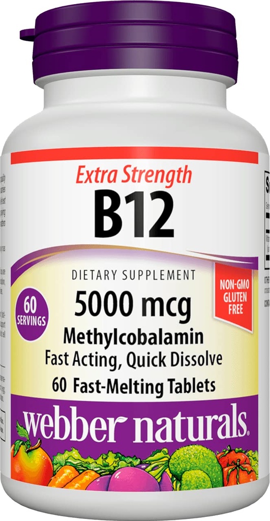 Webber Naturals Vitamin B12 5000 mcg, 60 Kont, Hızlı Dissolve Tabletler, Enerji Metabolism için Vitamin Tamam Desteği, Immune ve Heart Health, Vegetarian Formula, 60 Day Supply