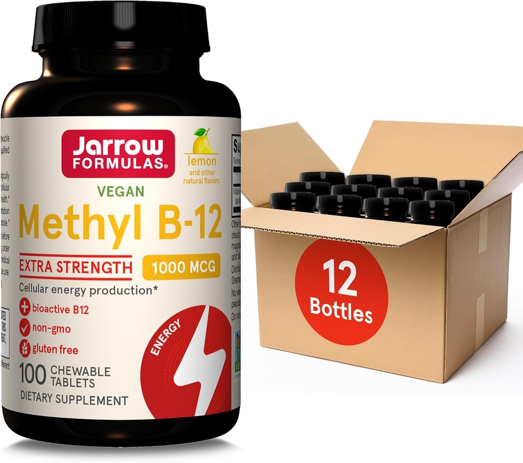 Jarrow Formulas Ekstra Kuvvetli B-12 1000 Live, Hücre Enerji Üretimi ve Beyin Sağlığı Desteği için Diyetsel Tamam, 100 Lemon-Flavored Chewable Tablet, 100 Day Supply, 12 Paket
