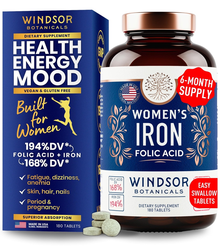 Iron and Folic Acid Supplements for Women - 35mg Gentle Iron Vitamin, Folic Acid 400 Telefon - Anemi, Dönem, Hamile Destek Tamam, Ferrous Sulfate Pills - 180 Vegan Non-Constipating Tabletler
