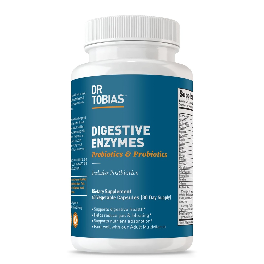 Dr. Tobias Probiyotiks, Prebiyotiks ve Postbiyotiks Bromelain, Amylase, Lipase, Better Digestion & Immune Function, 60 Capsules, 30 Hizmetler (2 Günlük)