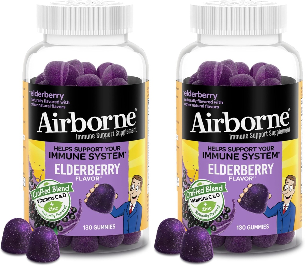 Airborne Elderberry + Zinc & Vitamin C Gummies for Adults,Immune Support with Antioxidants Vitamins C,D & E,Elderberry Flavor,130 Count (Pack of 2)