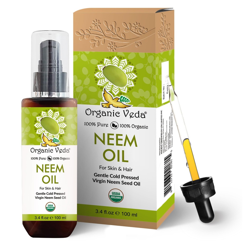 Organic Veda Neem Oil - Pure, Cold Pressed & Organic Neem Oil for Skin, Hair, Face, Body, Scalp - Natural Moisturizer, Virgin Neem seed oil - Rich in Vitamin E, Fatty Acids, Antioxidants - 3.4 fl oz
