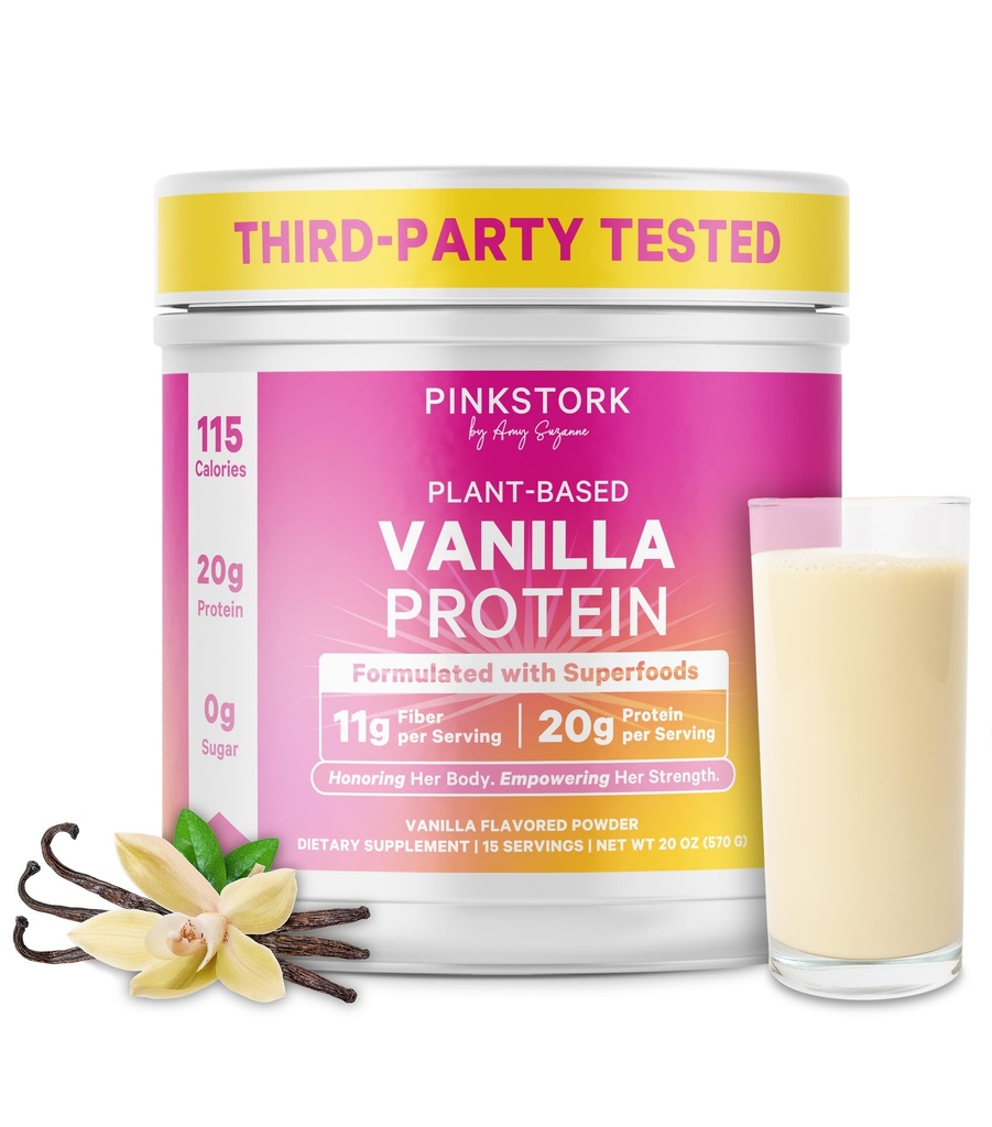 Pink Stork Protein Powder for Women, 20g Plant Based Protein Powder with Fiber + Superfoods, Gluten Free, Dairy Free, Sugar Free, Pregnancy Friendly, Vanilla Protein Shake - 15 Scoops