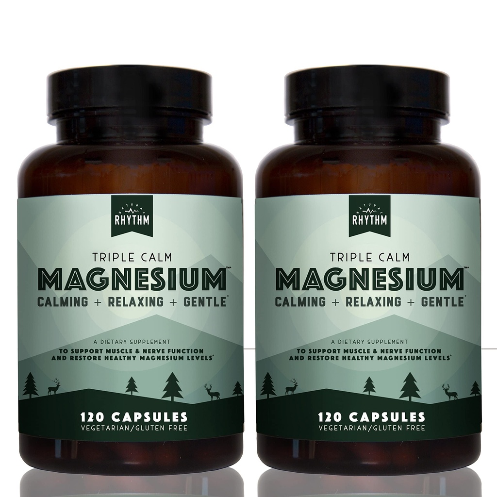 Doğal Rhythm Triple Calm 150 mg - 2 Pack - Magnezyum Glycinate, Malate ve Taurate ile Supplement. Dinlenme ve Rahatlama için Calming Mix - 120 Kont Şişes