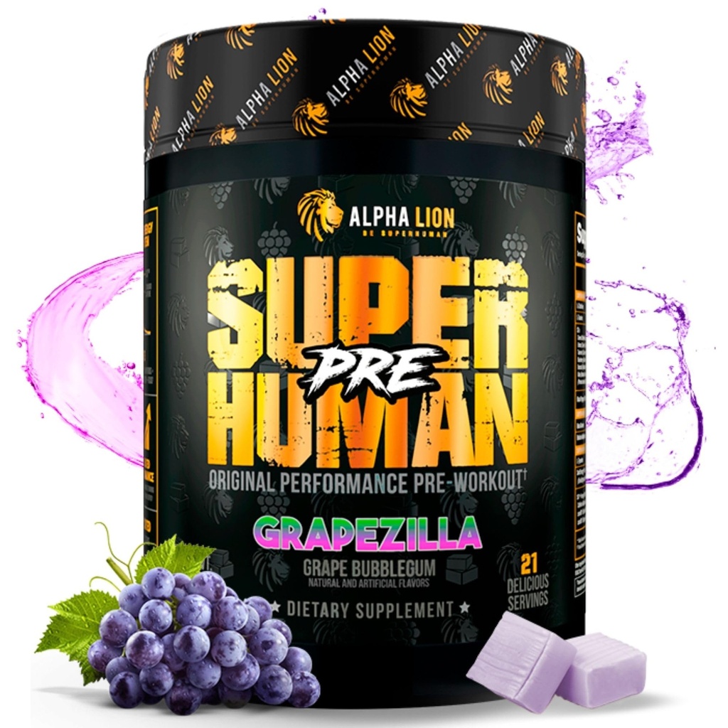 ALPHA LION Superhuman Pre Workout Toz, Beta Alanine, L-Taurine & Tri-Kaynak Caffeine for Sustained Energy & Focus, Nitrik Oksit & Citrulline for Pump (21 Servisler, Grapezilla)