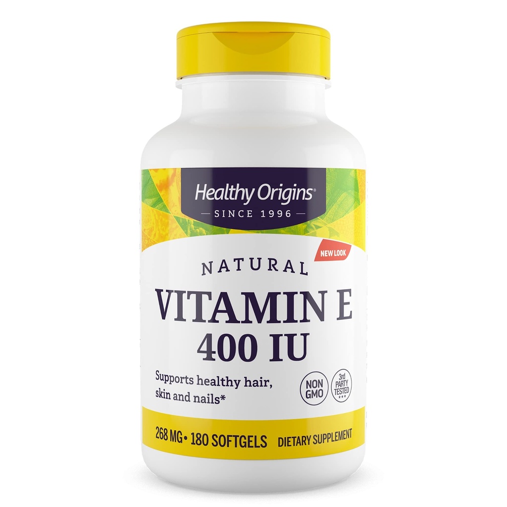 Sağlıklı Origins Vitamin E 400 IU (Doğal, Non-GMO, Gluten Free, Skin Support, Cardiovascular Support), 180 Softgels