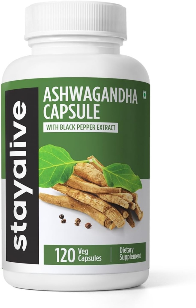 STAY ALIVE Ashwagandha with Black Pepper, 10:1 Extract, 120 Pills, 100% Pure Root Toz, Ekstra Güçlü Capsules, Non-GMO & Gluten Free Ashwagandha Supplements for Women and Men