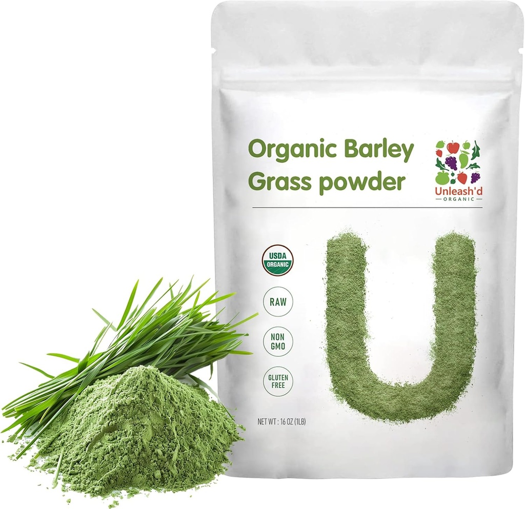 UNLEASH'D ORGANIC Barley Grass Toz 1 Pound% 100 Pure & Organik, Superfood Yeşiller Vitaminlerde Zengin, Mineraller, Fiberler ve Antioksilar