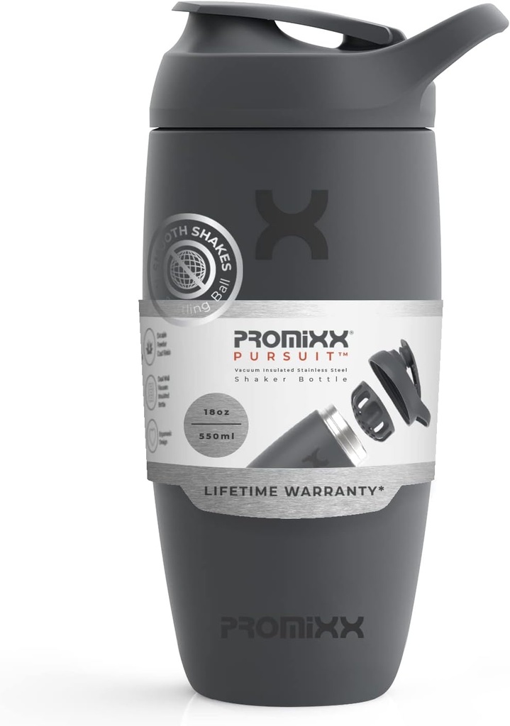 Promixx Pursuit Shaker Şişe, paslanmaz Steel Water Şişe ve sallayıcı Kupası, 18oz, Graphite Gray