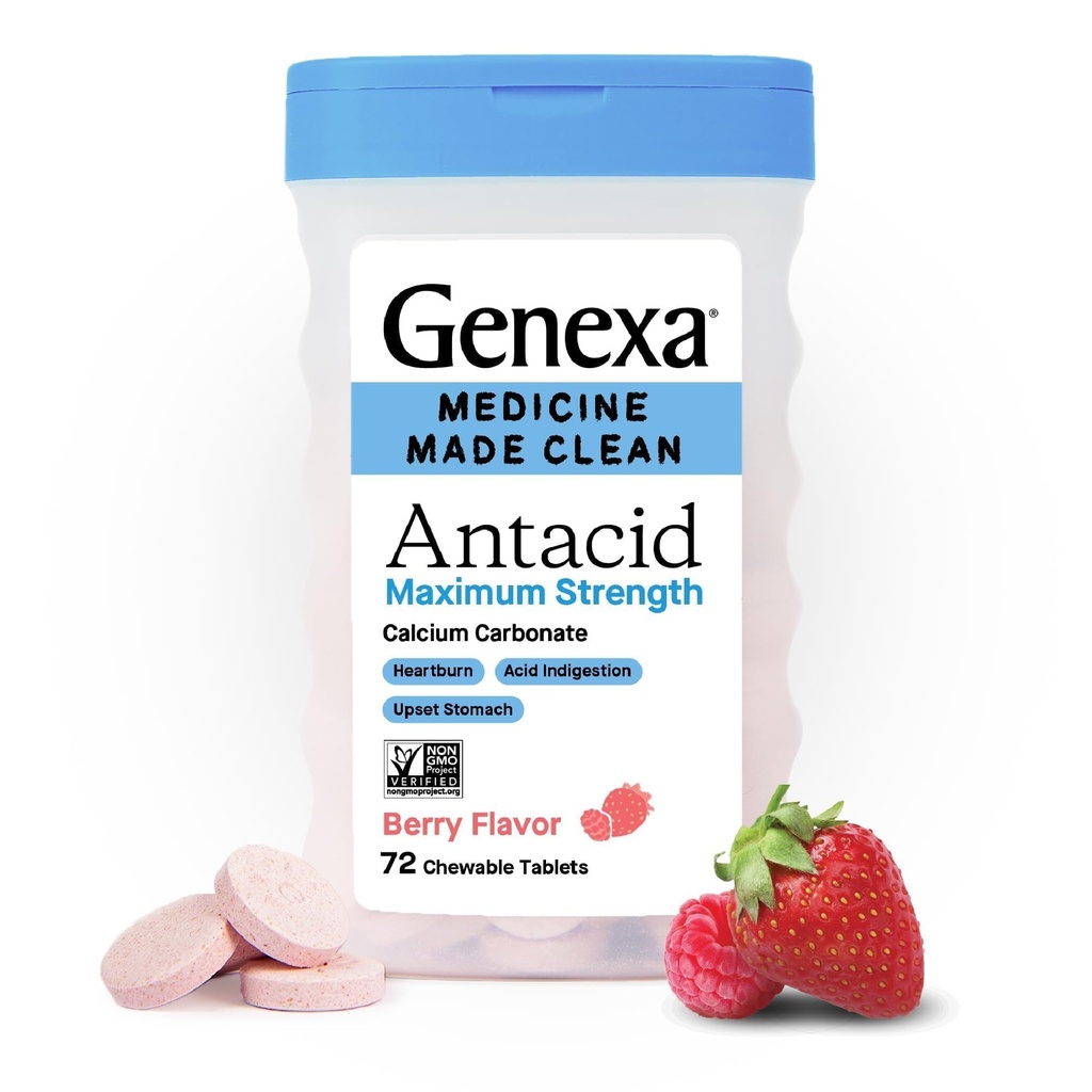 Genxa 3 Pack Temiz Antacid Chewable Tabletler | Kalpburnu, Asit Indigestion & Upset Stomach Relief | Dye Free, 0% Yapay Katkılar | Berry Flavor, 216ct