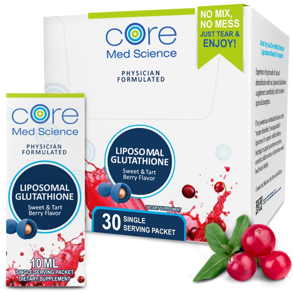 Core Med Science Liposomal Glutathione Supplement, Sweet & Tart Berry - Glutathione Drink Mix for Detox Support - Antioxidant Supplement for Energy, Brain Health, Skin & Liver Health - 30 Pack