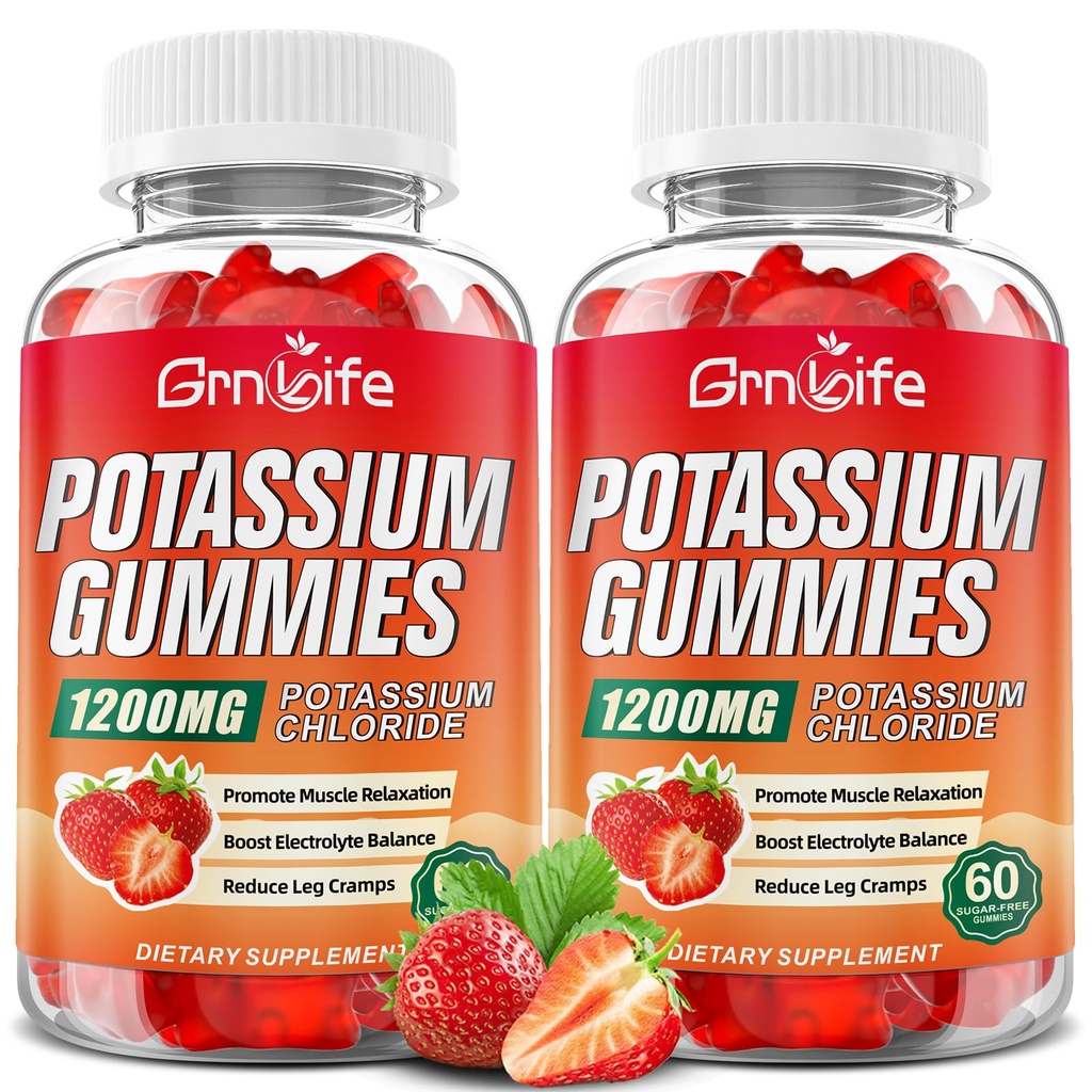 2 Pack Potassium Gummies for Adults, Potassium Chloride Gummies 1200mg Support Leg Cramps & Electrolyte Balance, Strawberry Flavor 120 Count