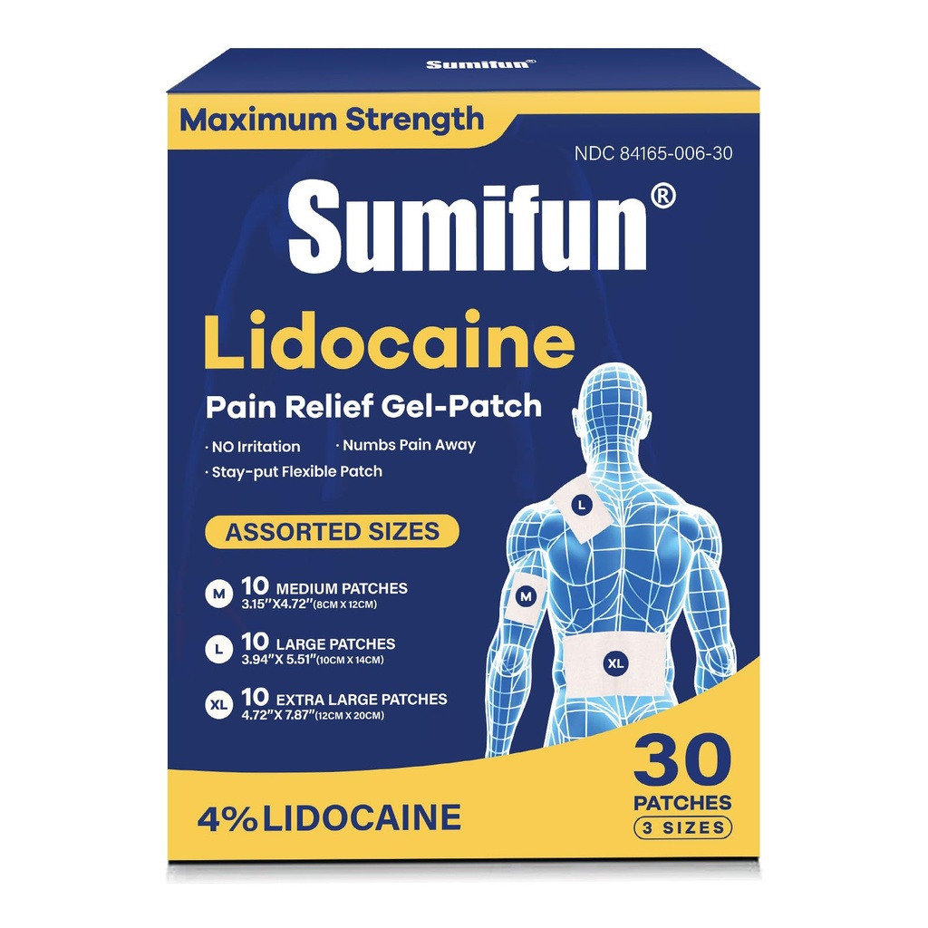 Sumifun 4% Lidocaine Pain Relief Patches Multi-Size Kit | M/L/XL for Targeted Back, Knee & Joint Relief | 8-Hour Maximum Strength Numbing | Athletes/Laborers/Office Workers (Multi Size, Count, 30)