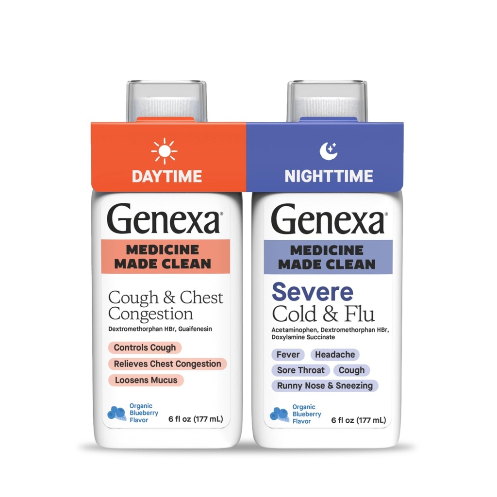 Genxa Daytime Cough & Congestion + Nighttime Severe Cold & Flu Combo Pack, Dye Free, 0% Yapay Katkılar, Liquid Multi-Sympough Cough, Cold, & Flu, Organic Blueberry Flavor, 12 fl oz (2 Pack)