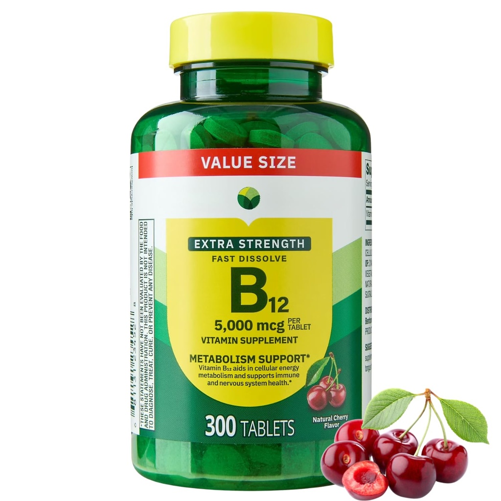 Extra Strength Vitamin B12 Fast-Dissolve Tablets 5,000 mcg - Cherry Flavor, 300 Count - Daily B12 Supplement (Pack of 1)