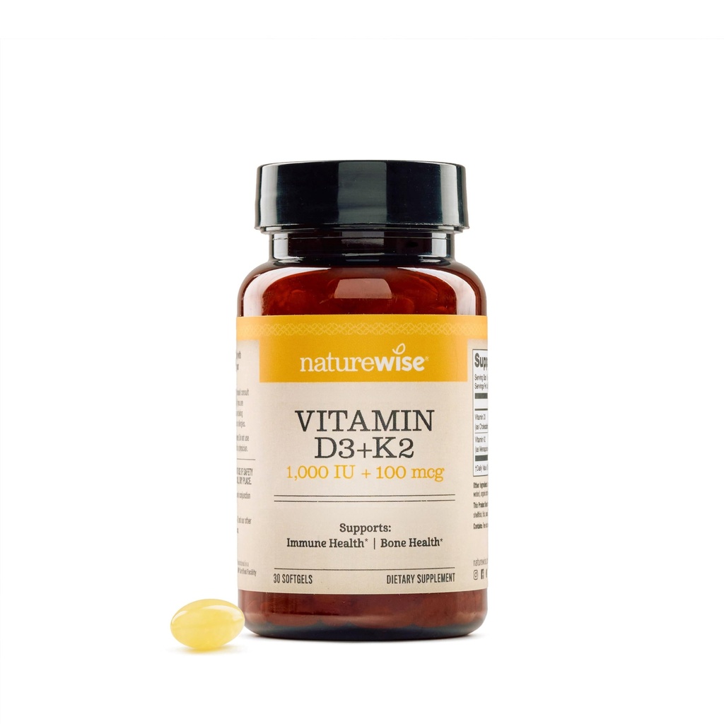 NatureWise Vitamin D3 1000IU + K2 (MK7) 100mcg with Organic Extra Virgin Coconut Oil - Supports Calcium Absorption, Bone & Immune Health - Non-GMO, Soy & Gluten-Free - 30 Softgels[1-Month Supply]