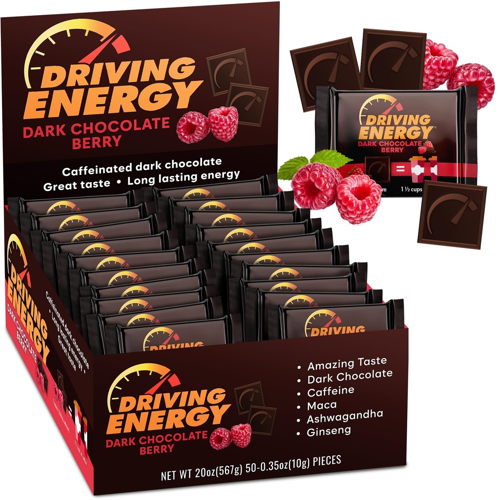 Driving Energy - Caffeinated Energy Bite Size - Dark Chocolate Berry Fuel with 150mg Caffeine - Long-Lasting for Gym, Workout, Adults - Great Taste - Low Carb - Healthy Snack - 50 Count