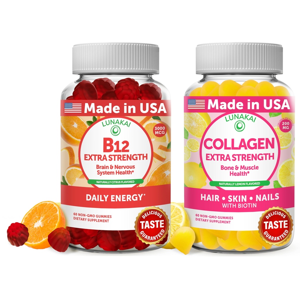 Lunakai Vitamin B12 ve Collagen Gummies Sche - 3000 mcg Torchcobalamin Yüksek Absorpsiyon Enerji Gummies - Erkekler ve Kadınlar için Atılma Supplements - 30 Gün Supply
