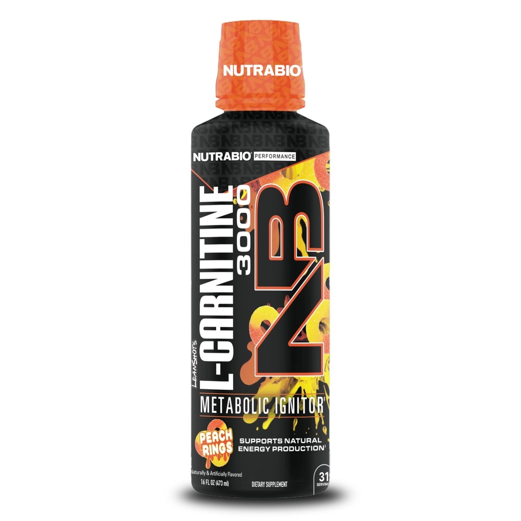 NutraBio – L-Carnitine Sıvı Shots – 3000 mg, (Peach Ring) – 10 mg B-5 Vitamini - Zero Carbs & Sugars – Enerji Üretimi – Kas Recovery
