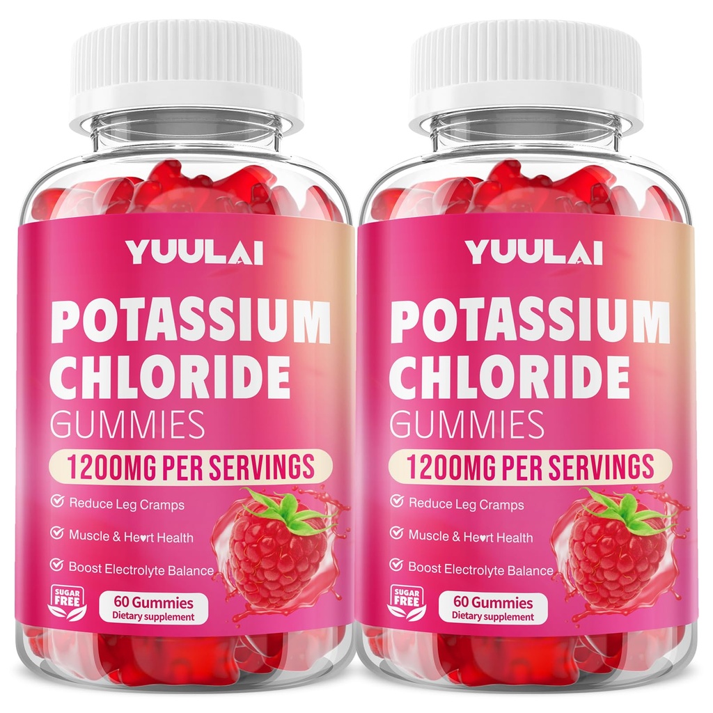 Pack of 2 Potassium Gummies, Potassium Chloride Gummies 1200mg for Adults, Sugar-Free Potassium Supplement Support Leg Cramps & Electrolyte Balance, Raspberry Flavor, 120 Count