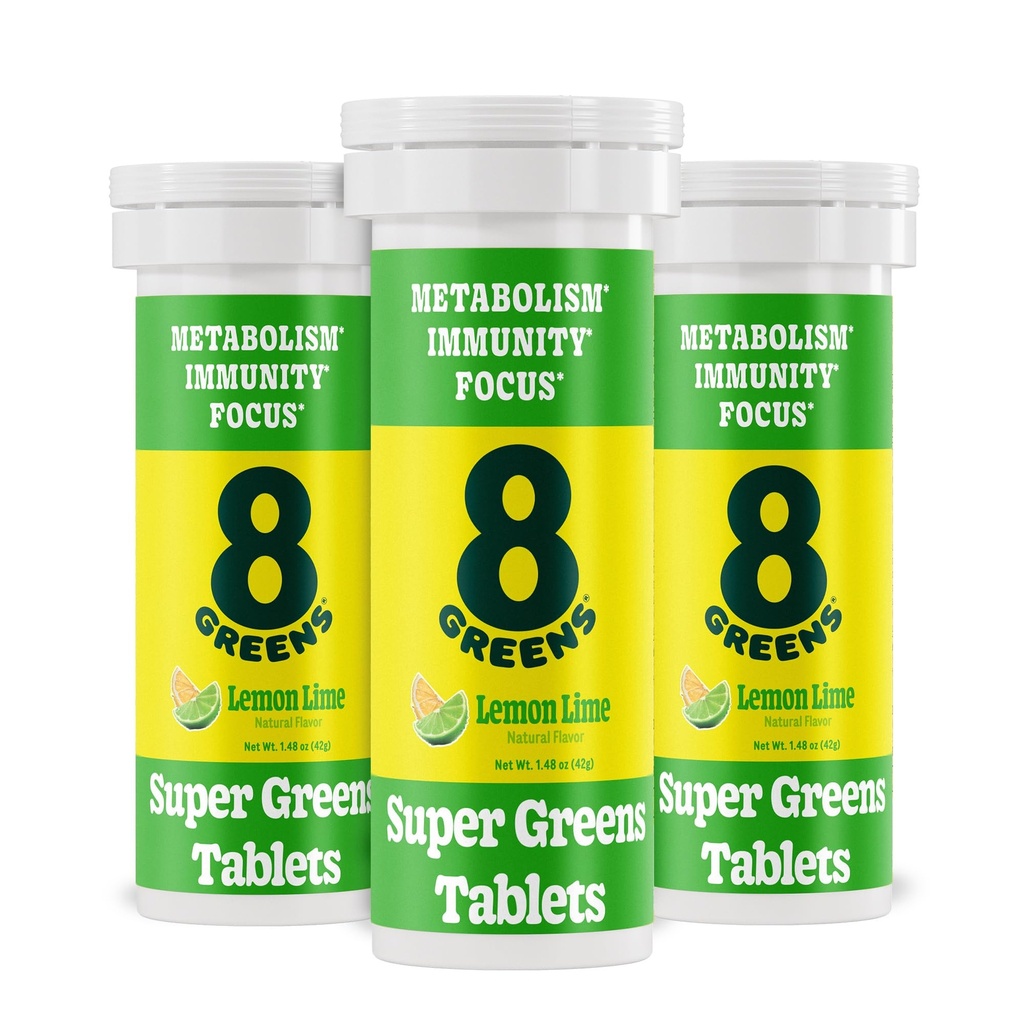 8Greens Supergreens Tablets | Super Greens Powder Superfood, Metabolism Immunity & Focus, Daily Greens Effervescent Tablets, Organic: Aloe Vera, Spirulina, Chlorella, Lemon Lime, Tube 30 Servings
