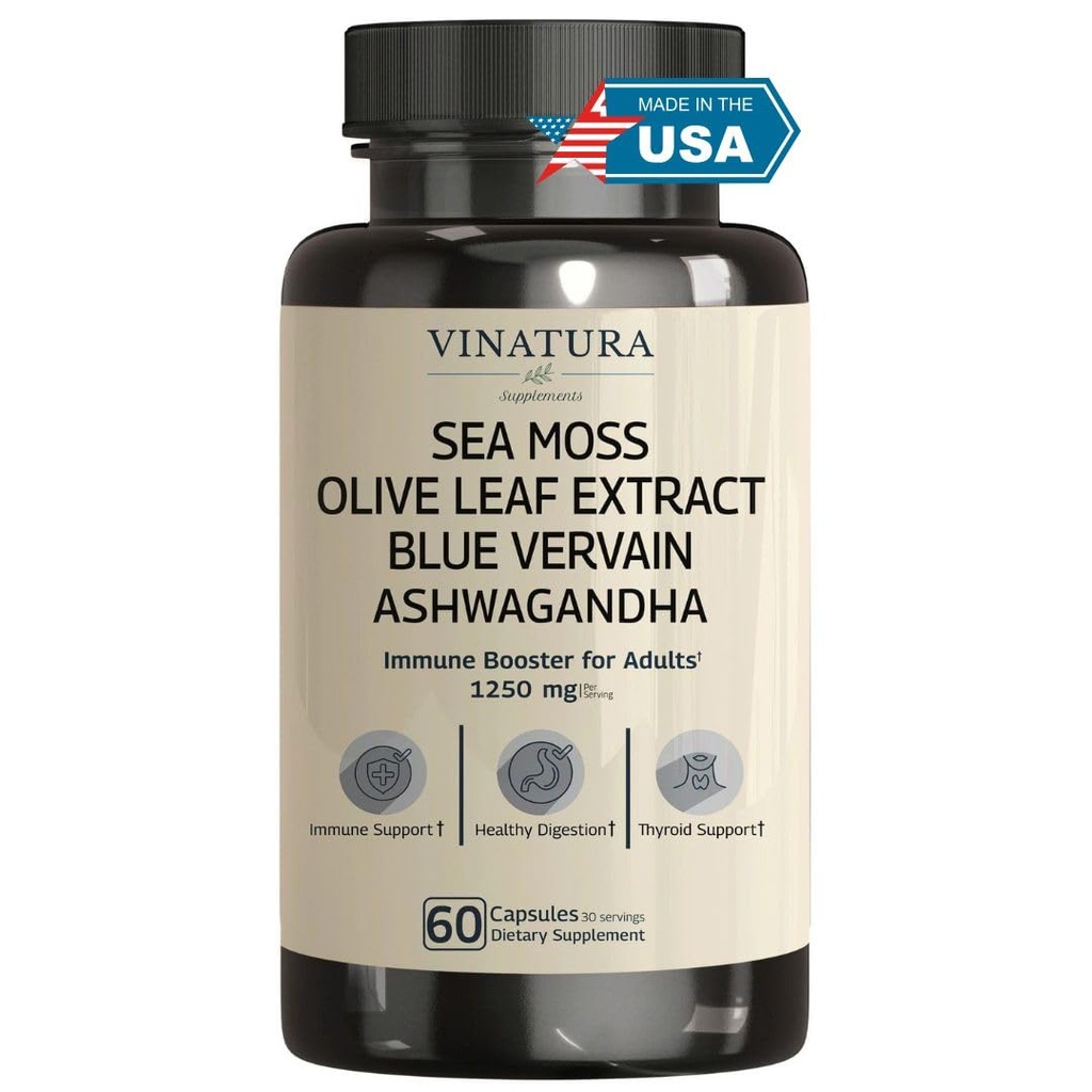 VINATURA Organik Deniz Moss, Blue Vervain - Black Seed Oil, Ashwagandha, Ginger, Burdock Root Capsules - 1250 mg per Service, *USA Made &Tested* Immune ATM for Yetişkinler