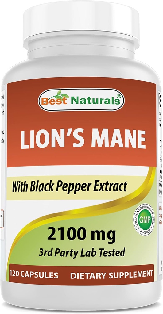 En İyi Doğallar Lions Mane Mushroom Supplement 2100 mg - 120 Capsules - Supports mental Clarity, Focus & Immune Health - Black Pepper'ı maksimum Aborpsiyon için ekledi