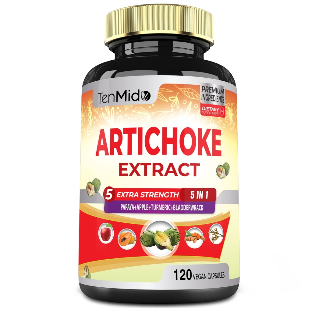 Artichoke Supplement Extract Capsules, 4 Ay Papaya, Apple Pectin, Turmeric Curcumin, Bladderwrack - Destekler Digestion Function - 120 Vegan Capsules
