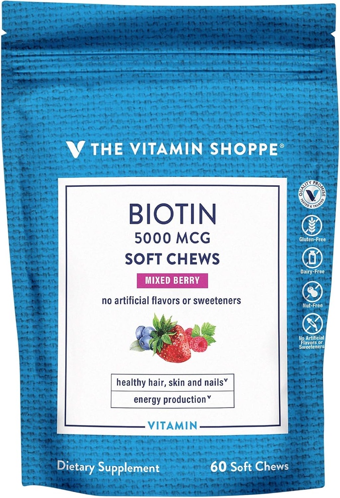Shoppe Biotin Yumuşak Chews for Hair, Skin & Nail Support - 5.000 Telefon - Karma Berry (60 Yumuşak Chews)