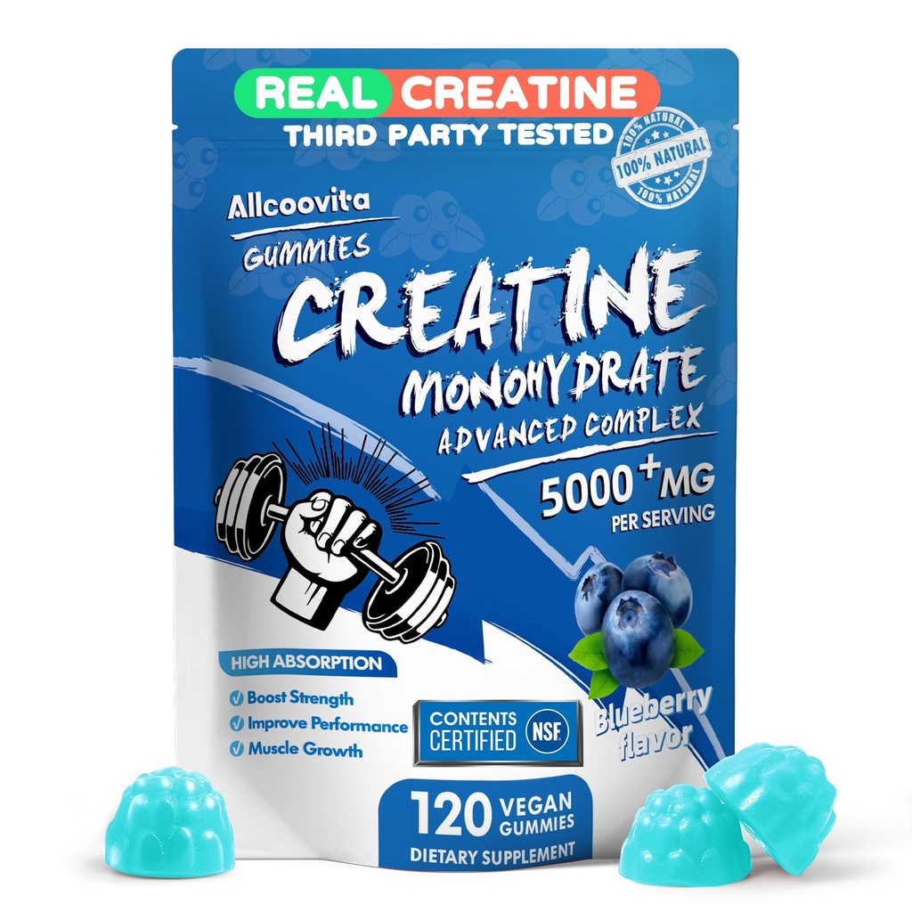 Erkekler ve Kadınlar için Kreatif Monohidrat Gummies Kompleks - 120 Gummies Advanced Formula, L-Taurine + Vitamin B12 Kas Güçlü, Kas Builder, Enerji Boost, Pre-Workout Supplement - Blueberry