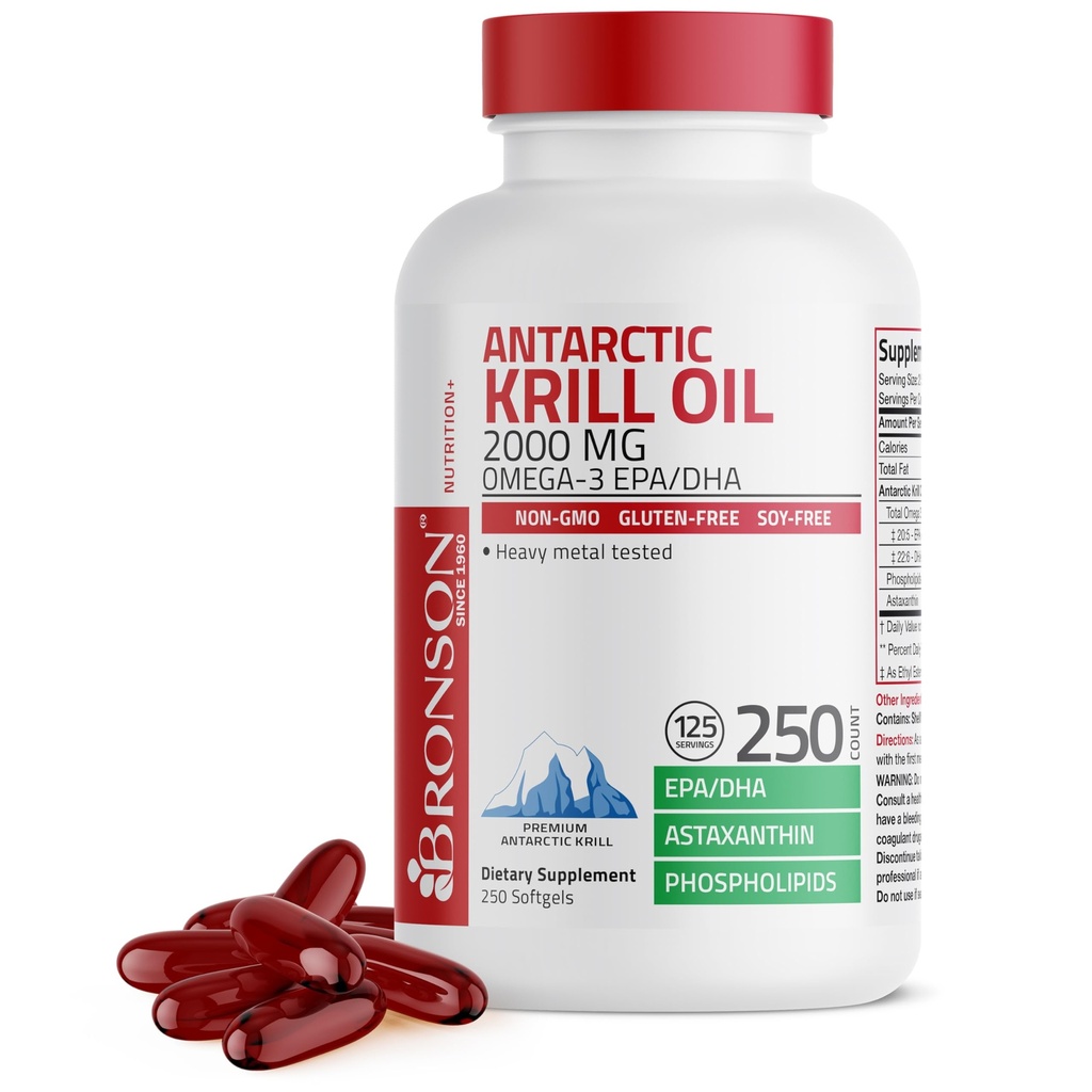 Bronson Antarktika Krill Oil 2000 mg with Omega-3s EPA, DHA, Astaxanthin ve Phospholipids, 250 Softgels (125 Hizmet)