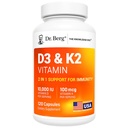 Dr. Berg En Güçlü 2in-1 Vitamin D3 K2 10.000 IU | Doğal Türlü D3 | 4X Lab-Tested & TYS Doğrulanmış | Yüksek Aborpsiyon Formula | K2 D3 Vitamin Tamam - 120 Capsules