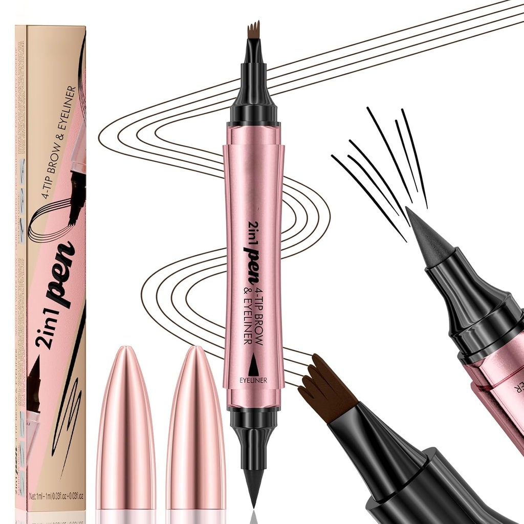 Q710 2in1pen,4-Tip Brow pen&Eyeliner,Dcuble-ended design,wild kaş makyajı,mikroblading kaş pen, su geçirmez,Soft nib, Bir pürüzsüz vuruş ile(2#Dark Brown)