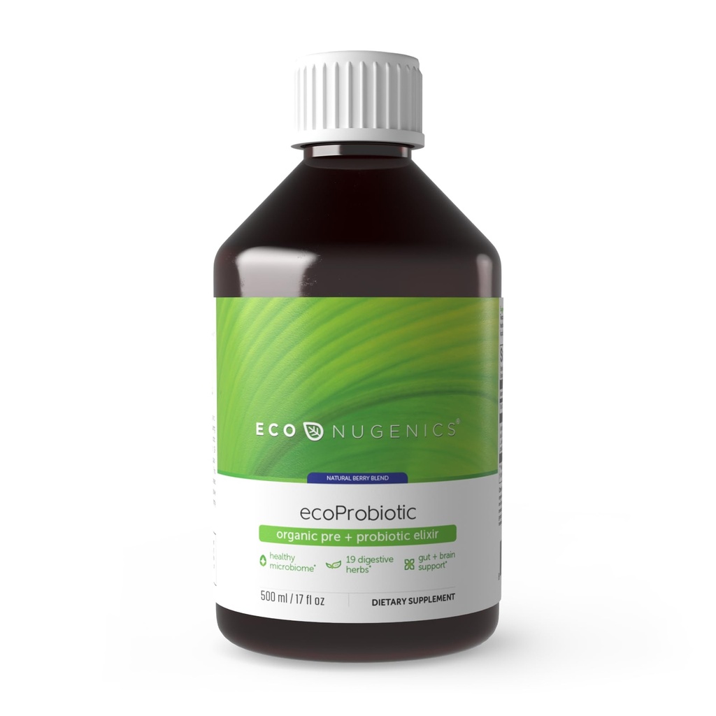 EkoNugenics ecoProbiyotik: Probiyotik & Prebiyotik Supplement for Women & Men w/ 19 Digestive Herbs – Microbiome & Gut Health + Immune Function – Live Fermented Liquid Vegan Formula (17 oz)