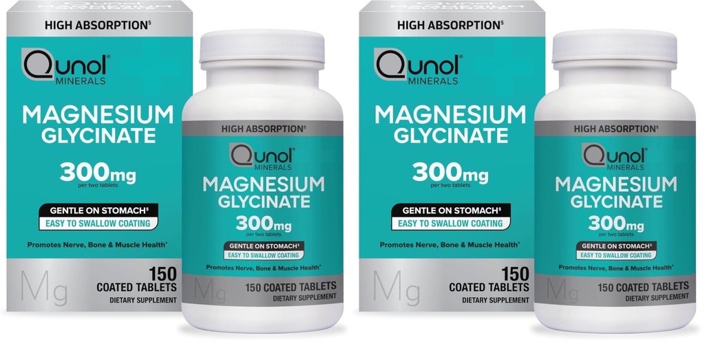 Qunol Magnesium Glycinate 300mg,100% Glycinate Chelated Magnesium Supplement,150ct Tablets,(Pack of 2)