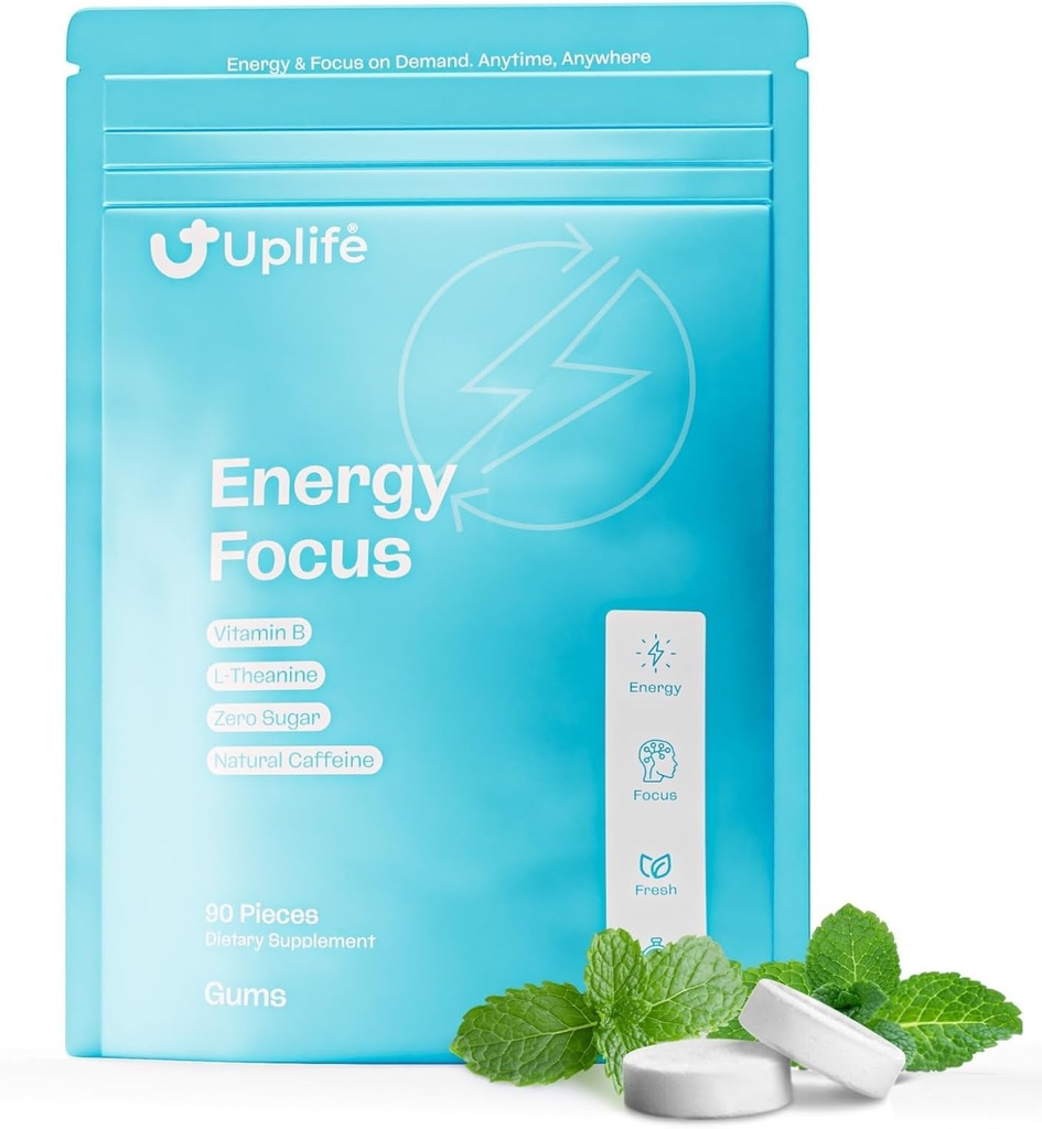 UPLIFE Energy and Focus Gum 90 Pcs – Made in USA – Nootropic Natural Caffeine Gum Coffee Alternative - Organic Gum with 40mg Caffeine + 80mg L-Theanine + B3 & B12 - Suger Free - Peppermint Flavor