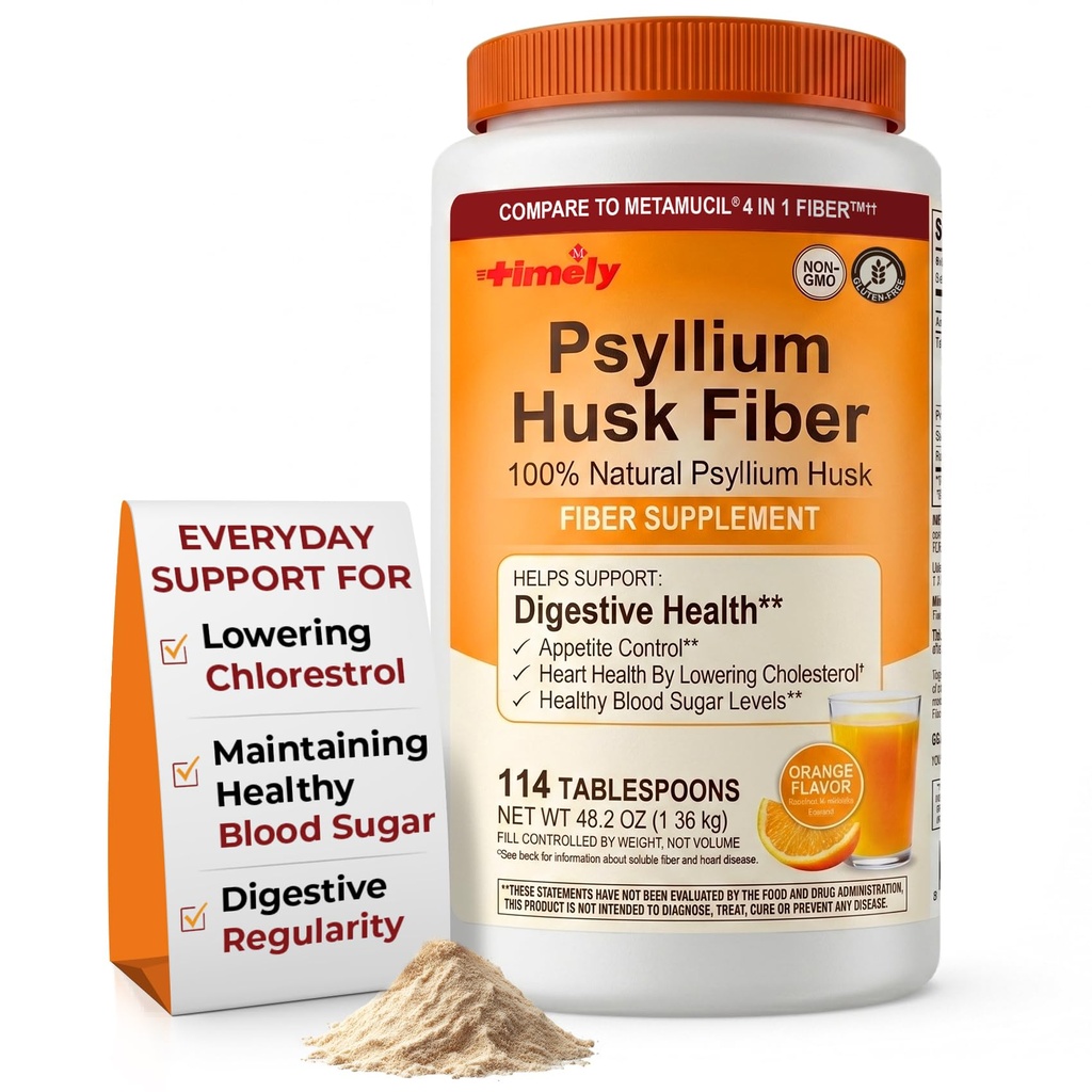 TIME-Cap Labs 114 Tablespoons Psyllium Husk Powder Fiber Supplement - Orange Flavor Formula for Digestive Health & Heart Health Support, Gluten Free Non GMO, 48.2 oz