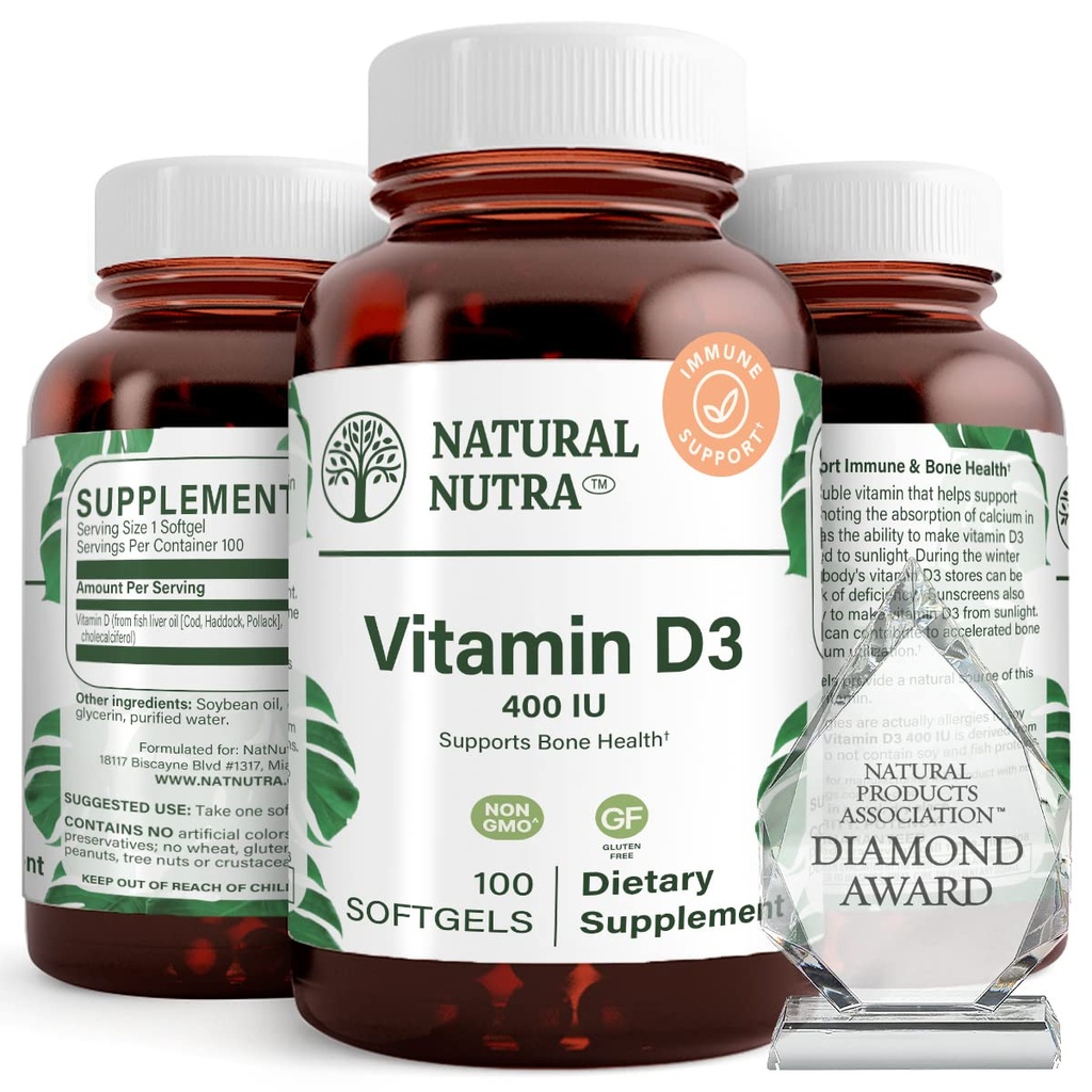 Doğal Nutra Yüksek Vitamin D3 400 İ Softgels, Immune, Support Lungs Health, Sunshine Vitamin, Cardiovascular Health, Bone and Teeth Strength, Gluten-Free, 100 Softgels