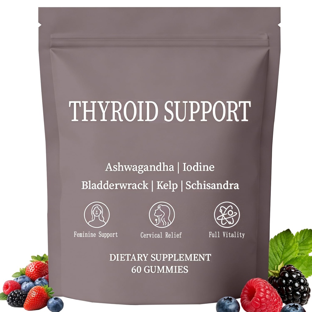 Thyroid Support Power Gummies for Women with Iodine, Selenium, Zinc, L-Tyrosine & Ashwagandha – Metabolism, Energy & Hormone Balance Support – Berry Flavor – 60 Count