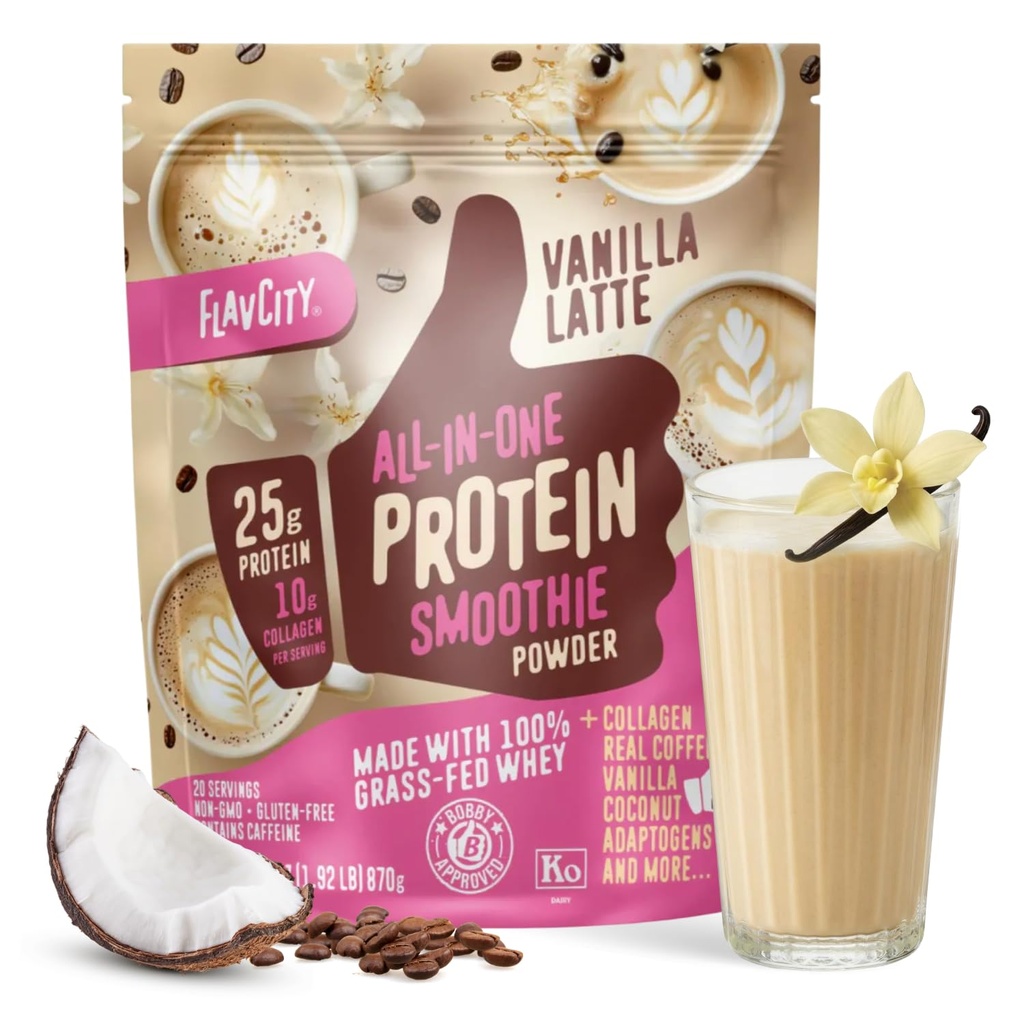 FlavCity Grass Fed Whey Protein Toz - Vanilla Latte - 25g Protein, 10g Collagen & 60mg of Caffeine - Real Vanilla Bean & Organic Coconut - Gluten Free & No Eklenme Şekerleri (20 Hizmetler)