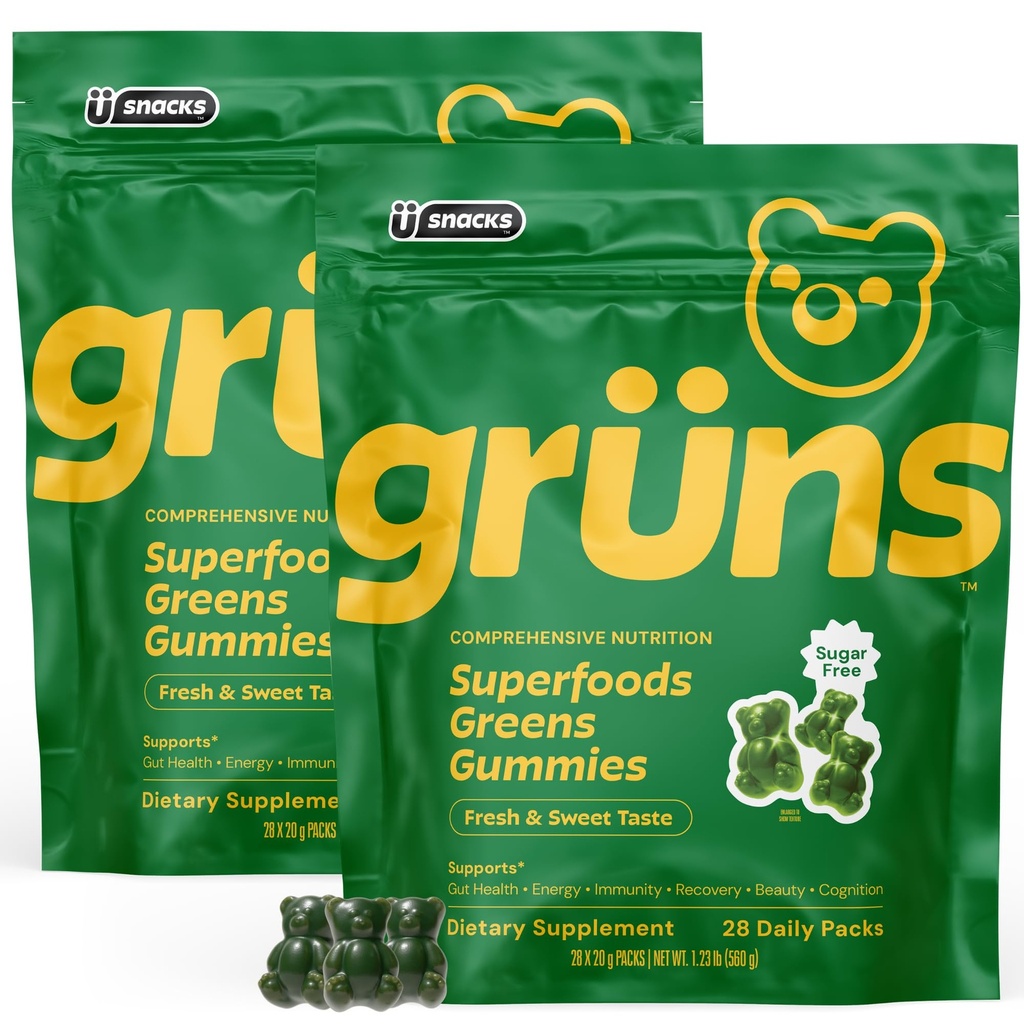 Gruns Superfood Greens Multivitamin Gummy Variety Bundle, 1 x Adult Low Sugar 28ct + 1 x Sugar Free 28ct Bundle for Less! with 20+ Vitamins and Minerals, prebiotic Fiber for Gut Health, and More!