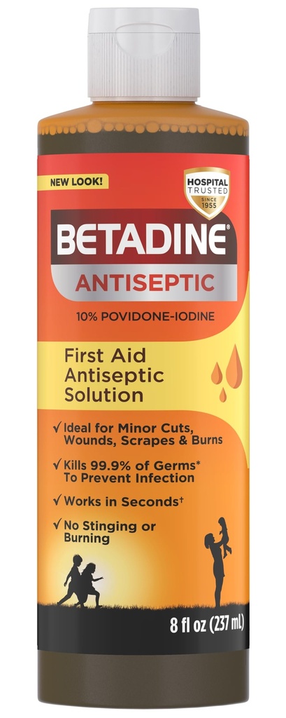 Betadine Antiseptic First Aid Solution, Povidone-iodine 10%, Enfeksiyon Koruma, Küçük Cuts'te Germs Öldürüyor ve Burns, No Sting Promise, No Alkol veya Hidrojen Peroksi, 8 FL OZ