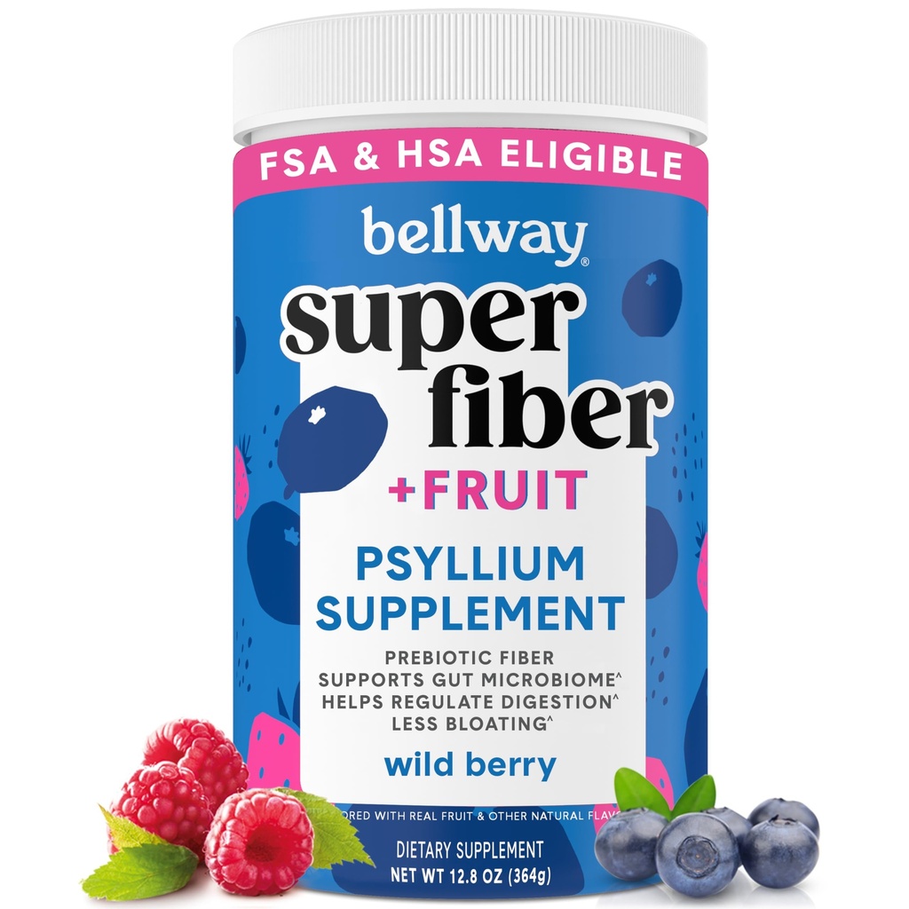 Bellway Super Fiber Powder + Fruit, Sugar Free Organic Psyllium Husk Powder Fiber Supplement for Regularity, Bloating Relief & Digestive Health, Plant-Based, Wild Berry (50 Servings)